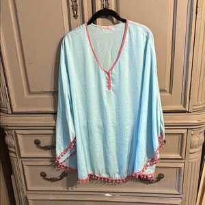 Light Blue Poncho with Pink Trim bathing suit coverup